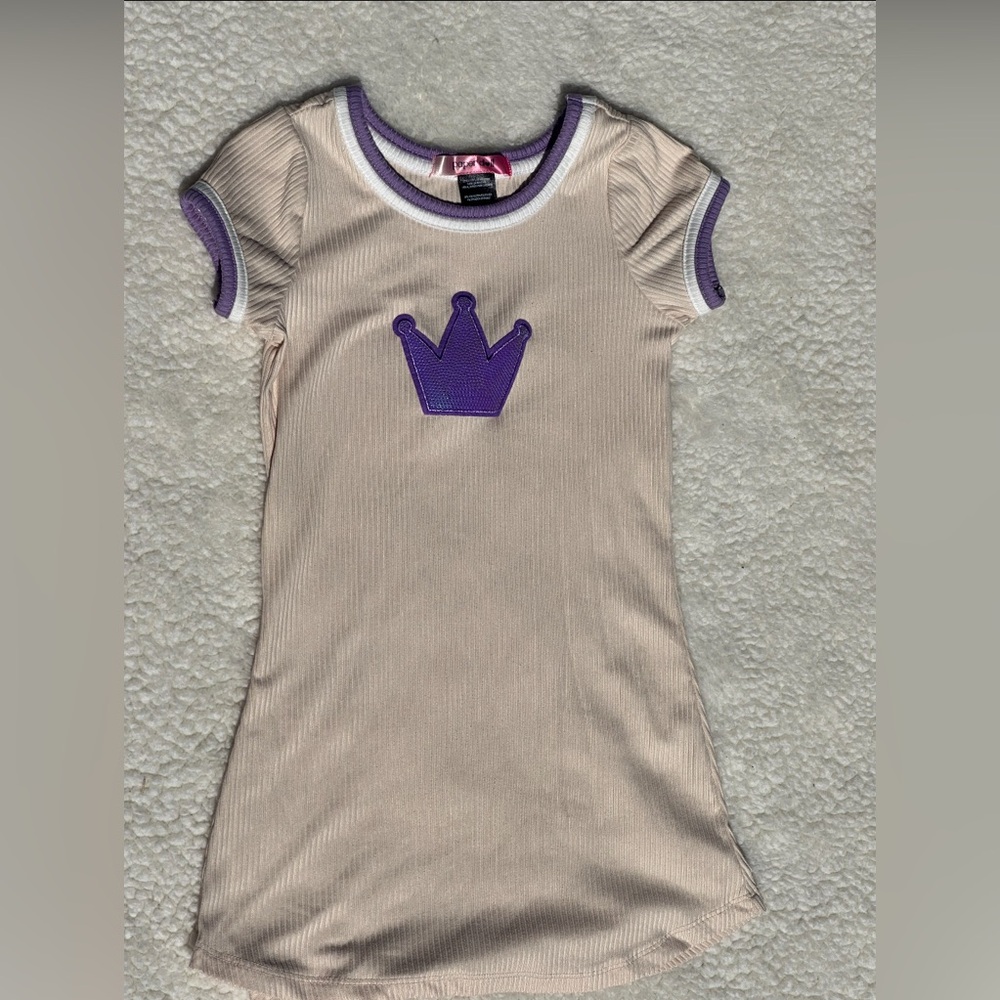 Cream Ribbed Dress with Purple Crown Applique